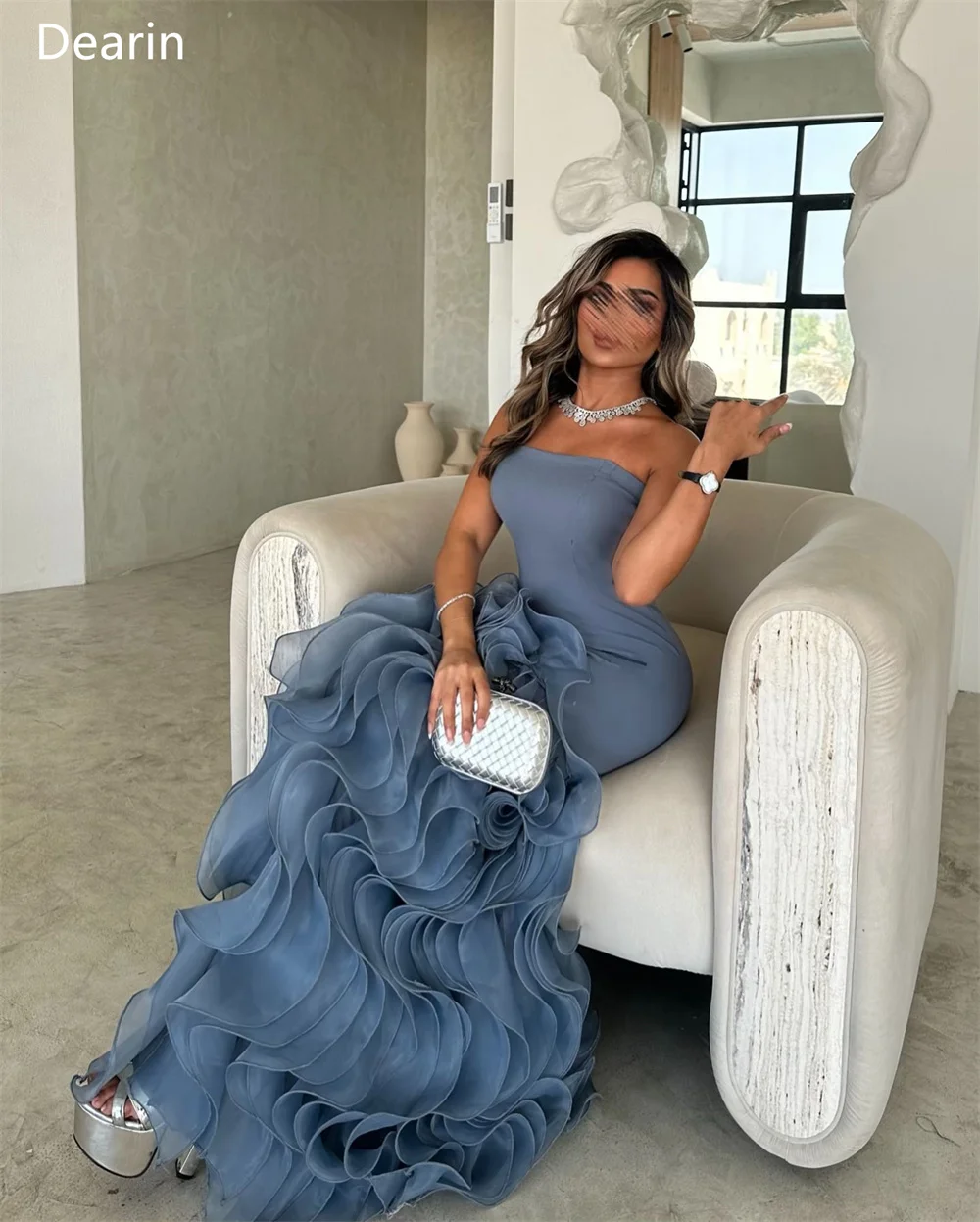 Customized Evening Gown Women Formal Dearin Strapless A-line Floor Length Skirts Tulle Layered Contoured Sleeveless Bespoke Occa