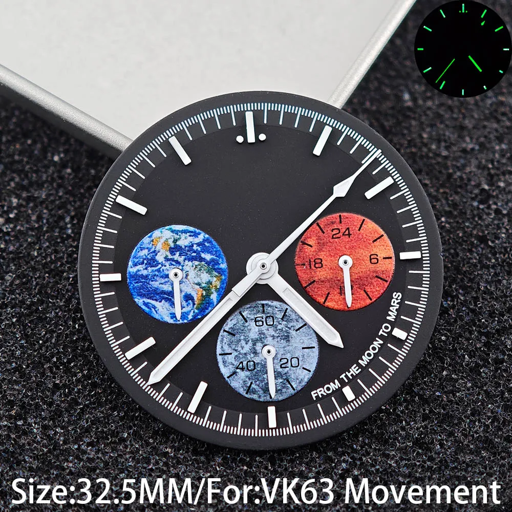 32,5mm Grün Leuchtendes VK63 Chronographen-Zifferblatt & Zeiger, Weiß-Blaues Zifferblatt Passend für VK63 Quarz Speed Master Uhr Ersatzteile – Detail 4
