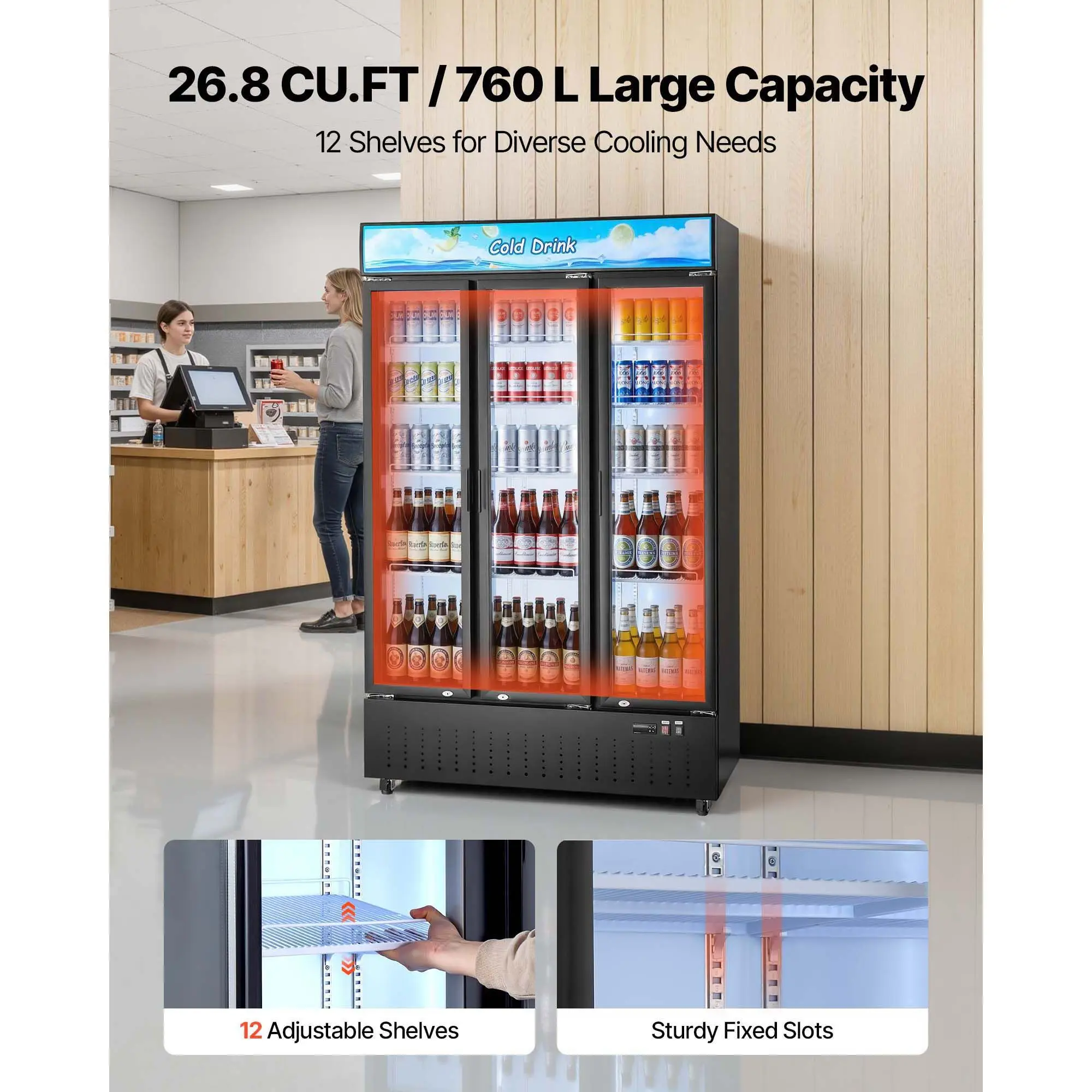 Commercial Merchandiser Refrigerator, 26.8 Cu.Ft / 760L Upright Beverage Cooler, 3 Glass Door Display Refrigerator with