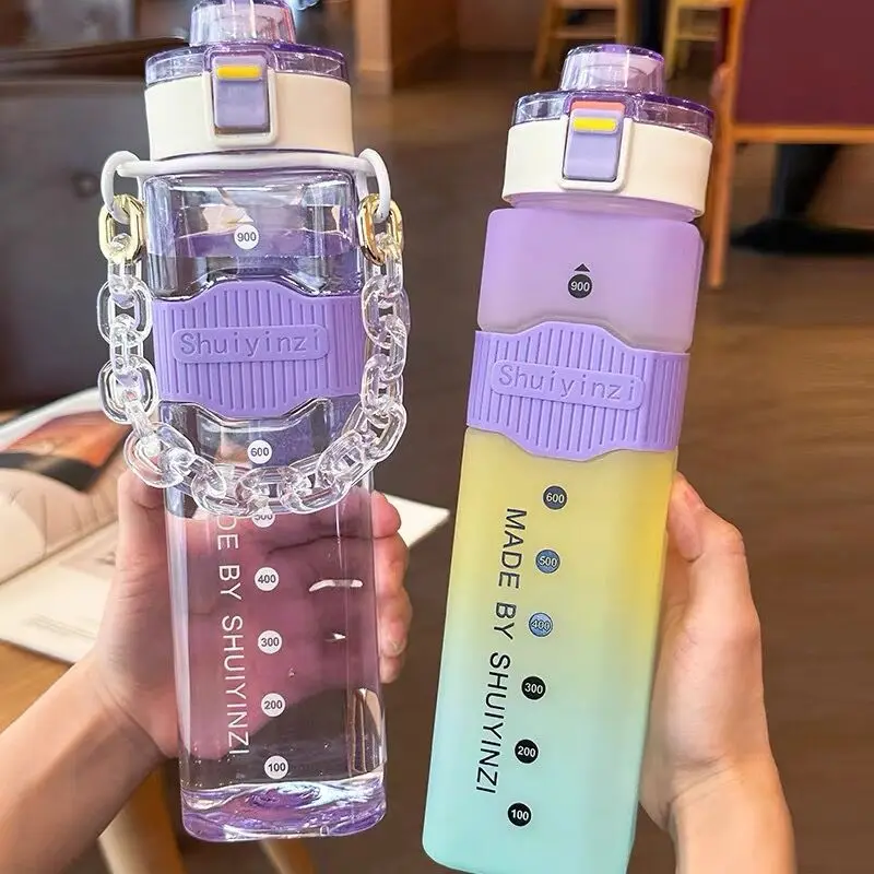 3-Größen-Stroh-Wasserflasche, großes Fassungsvermögen, Kunststoff-Wasserbecher, tragbare Trinkflasche mit Zeitmarkierungsbecher für Outdoor-Sport, Fitness