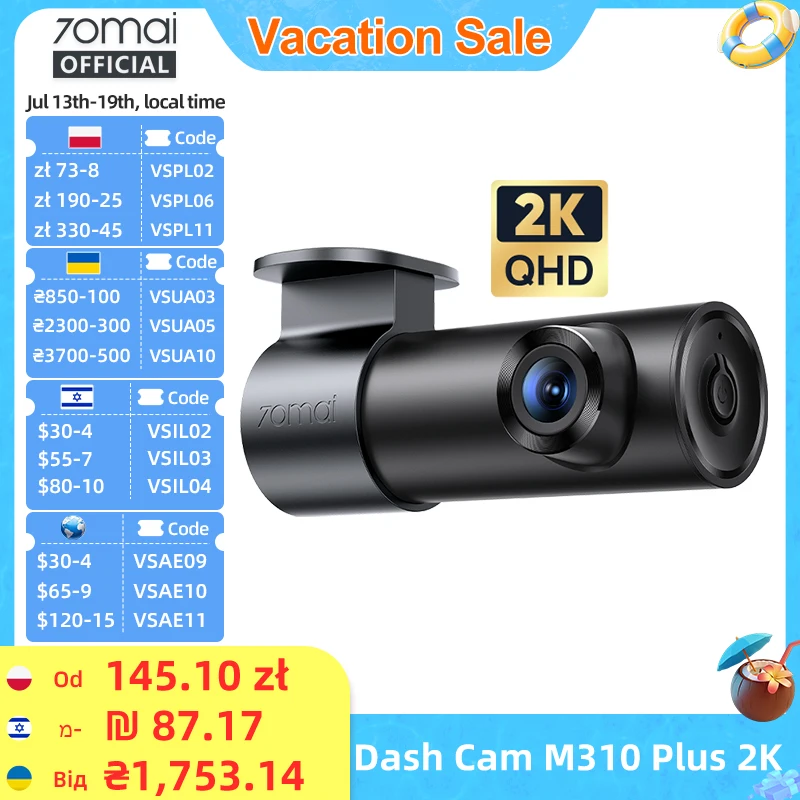 70mai Dash Cam M310 Plus 2K 1440P 143°FOV F1.55 Smart Voice Control 24H Parki...
