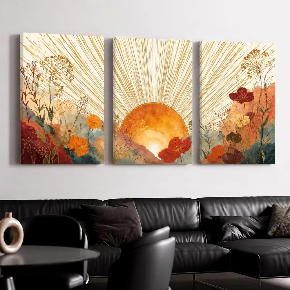 Sunrise Among the Flowers Framed Wall Painting Ready to Hang Canvas Wall Art Poster for Bedroom Living Room Home Decor Gift