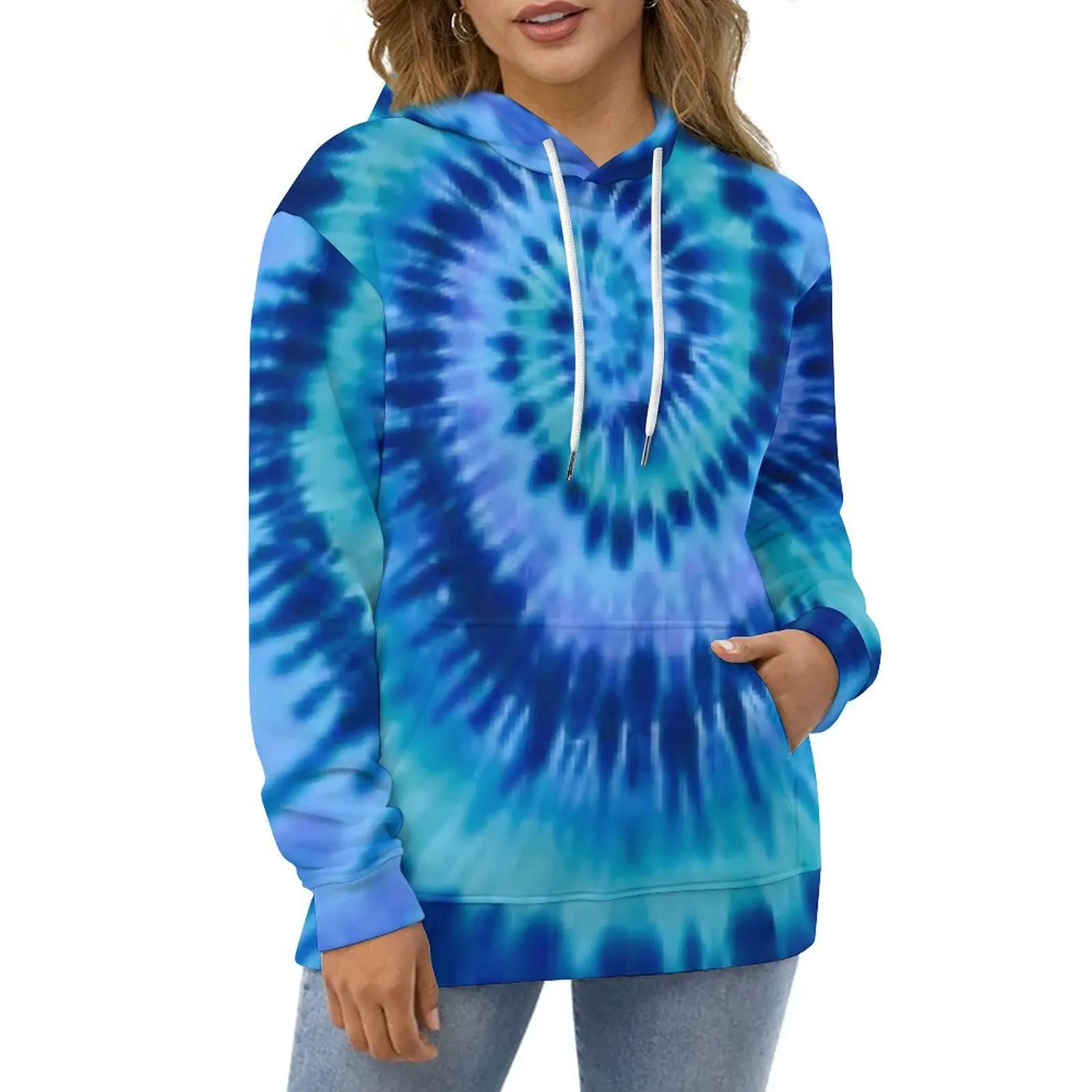 Blue Tie Dye Hoodies Spiral Swirl Print Classic Casual Pullover Hoodie Long Sleeve Aesthetic Custom Sweatshirts Large Size 6XL