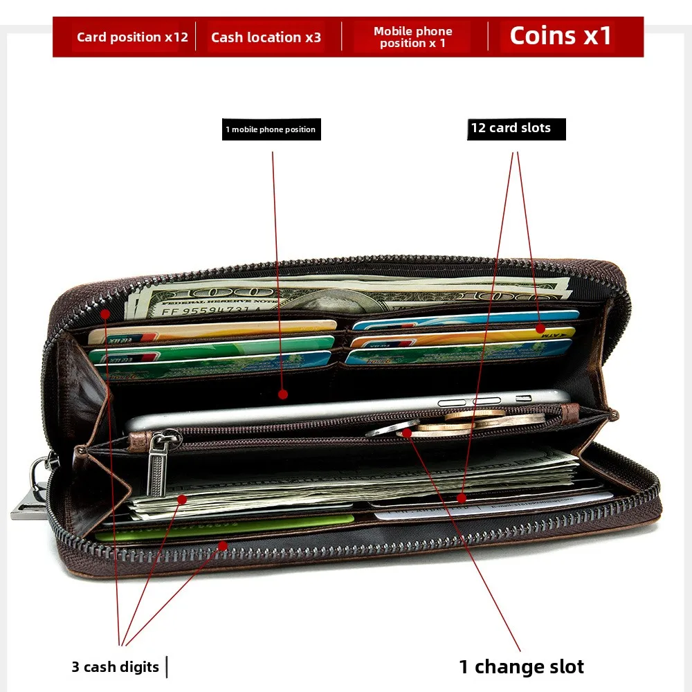 Men's Luxury Long Wallet Premium Crocodile Top-Grain Leather RFID Blocking Multi-Card Business Design Slim Handheld Cardholder​