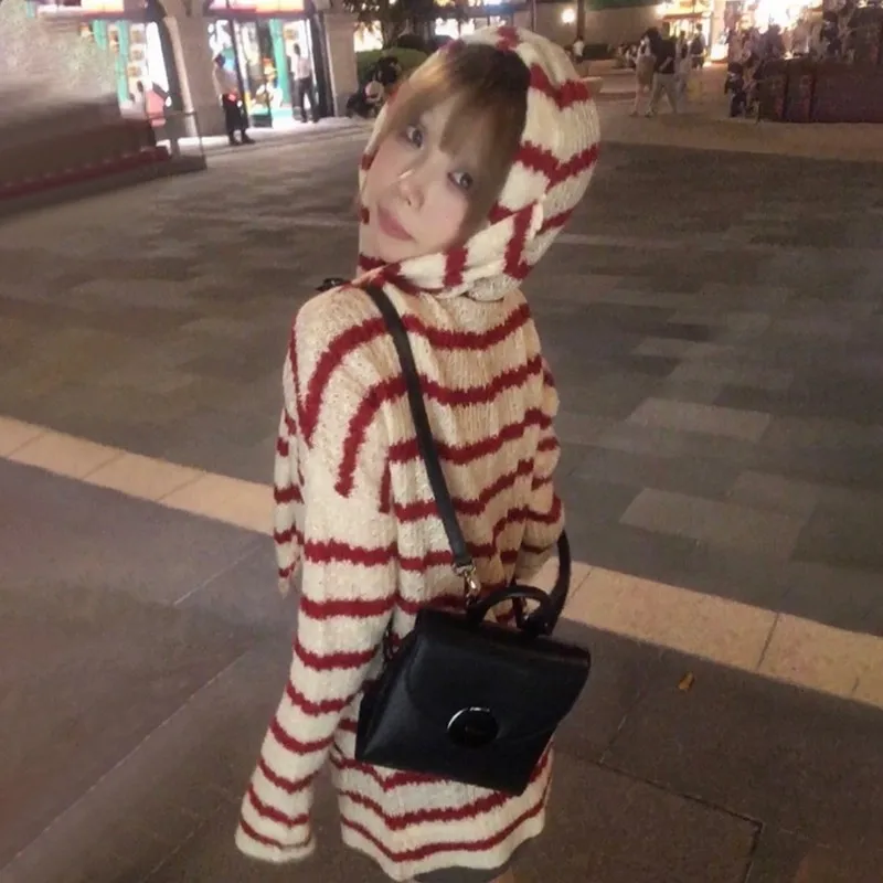 Karrram japanische y2k Kapuze Strickjacke 2000s Ästhetik Hasen ohren Reiß verschluss Strickwaren Vintage Harajuku roten Streifen Pullover Grunge