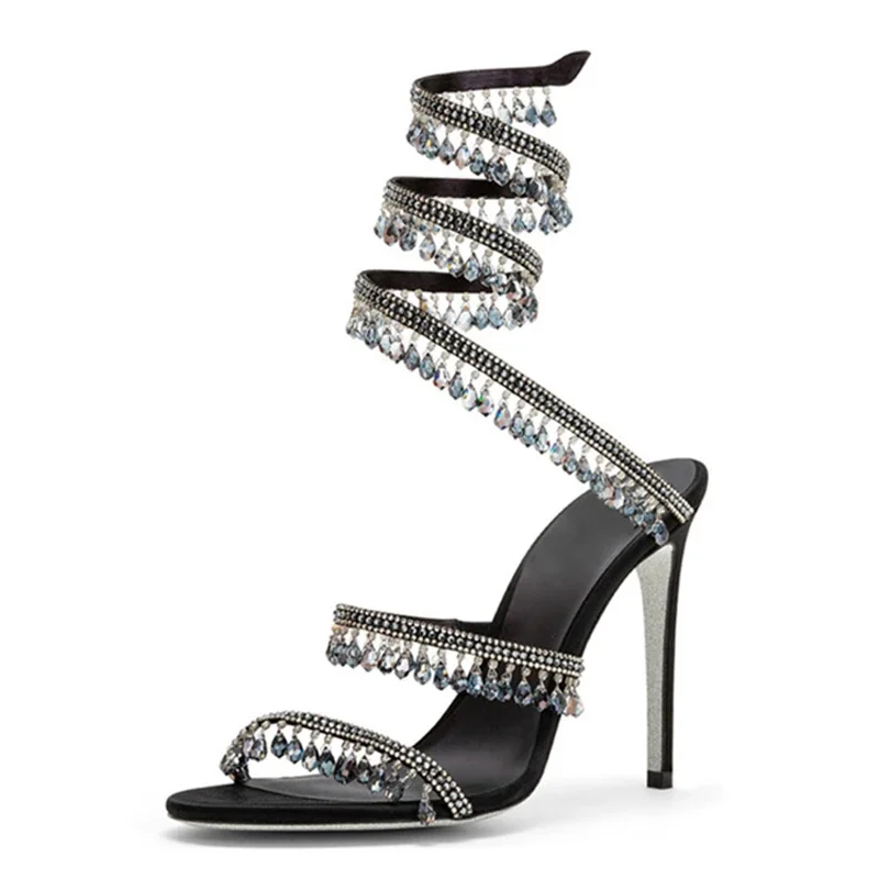 Crystal Pendant Ankle Snake Wrap Sandals Open Toe High Heels Wedding Bridal Shoes Woman Summer 2025 Fashion Luxury Pumps view 4