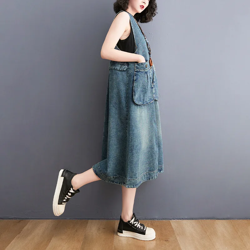 Hot Women Loose Denim Dress Ladies Big Pocket Retro Sleeveless Denim Dress Female Korean Summer Women\'S Clothing Vest Dresses