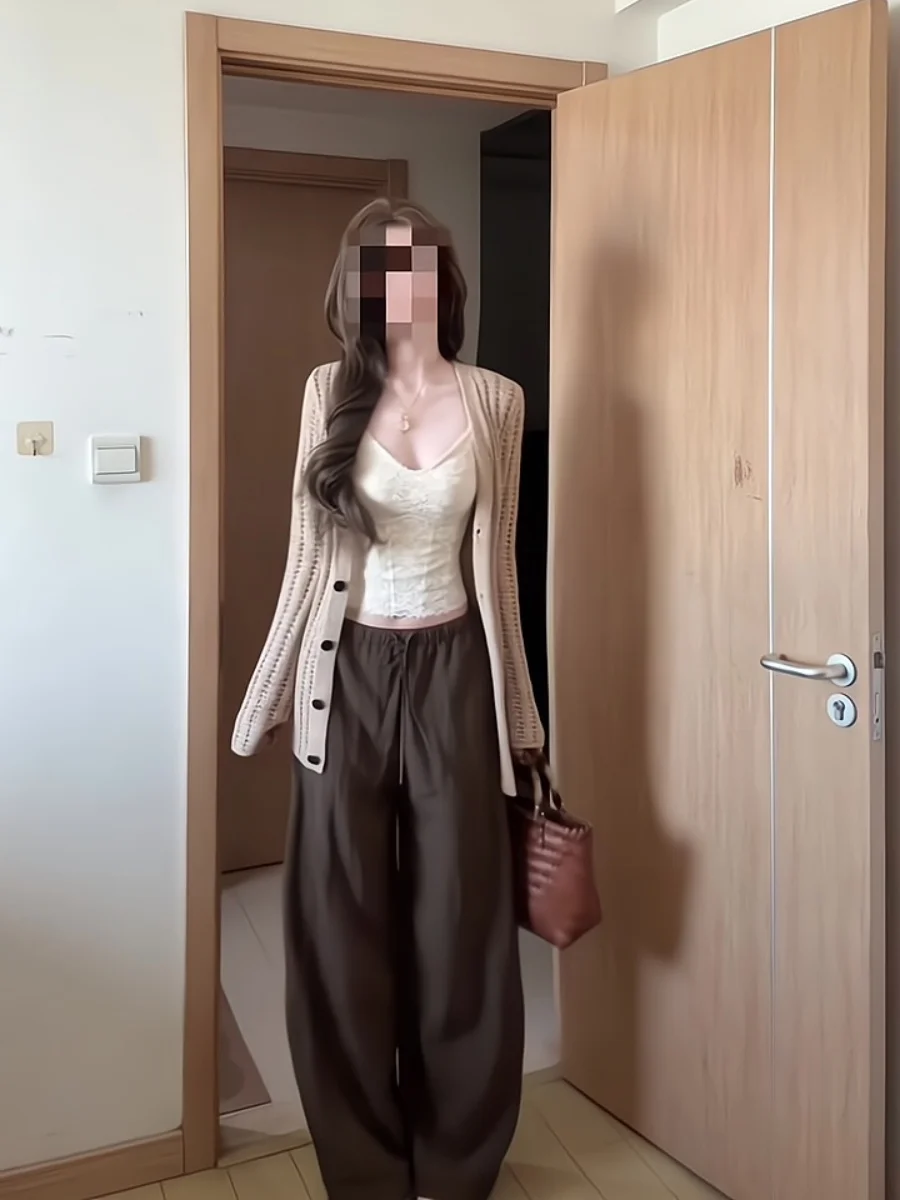 Conjunto F de Três Peças: Cardigã Aberto de Tricô com Decote em V Estilo Descontraído, Calça Plona de Cintura Alta...