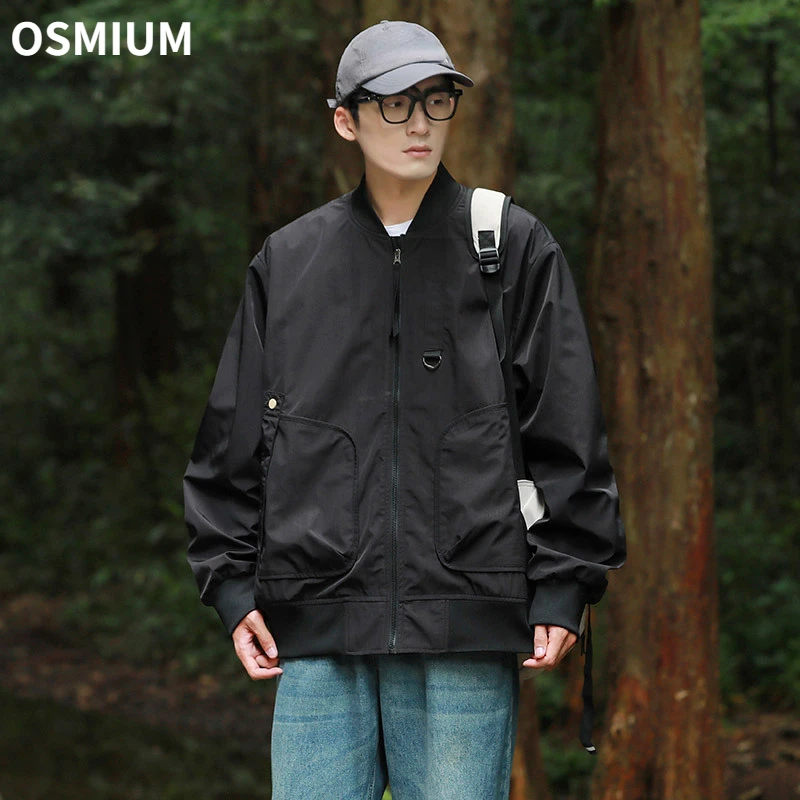 Mens Spring Coat Loose Black Khaki Baseball Uniform Jacket Oversize Boys Bomber Zipper Outerwear Plus Size M-8XL Casual Workwear