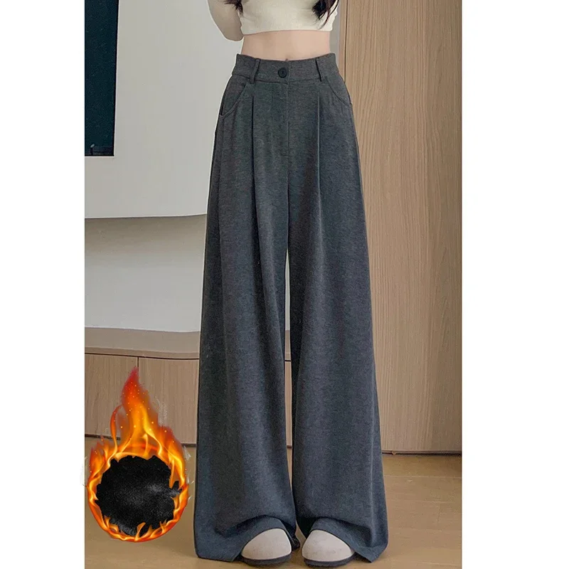 Winter Lady Classic Solid Fleece Pants Girls High Waist Snow Warm Plush Trousers Women Korean Fashion Baggy Thermal Slacks