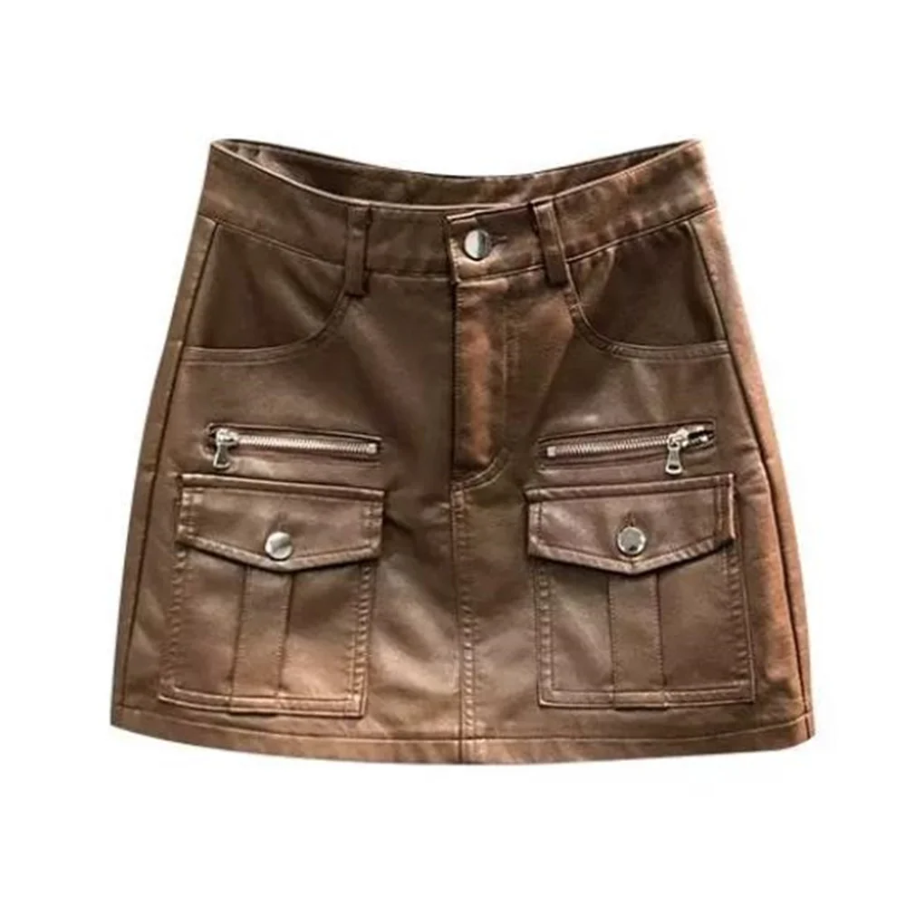 High waisted PU leather short skirt slim women spring and summer pocket zipper A A-line skirt