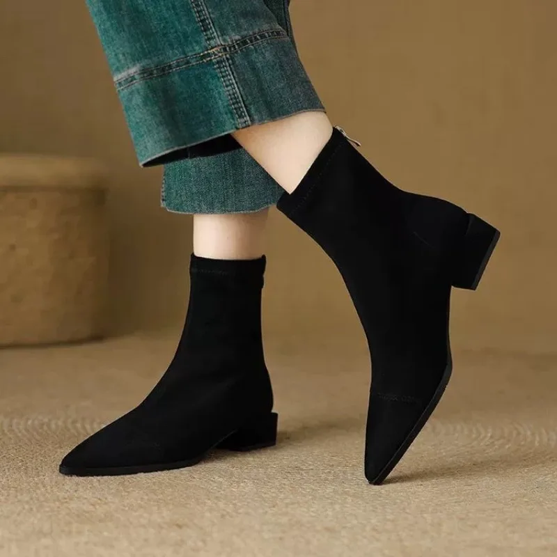 Plus-Size Women's Boots 2026 Winter Fashion Pointed-Toe Design Short Boots with Zippers on The Back, Slim Low-Heeled Nude Boots view 2