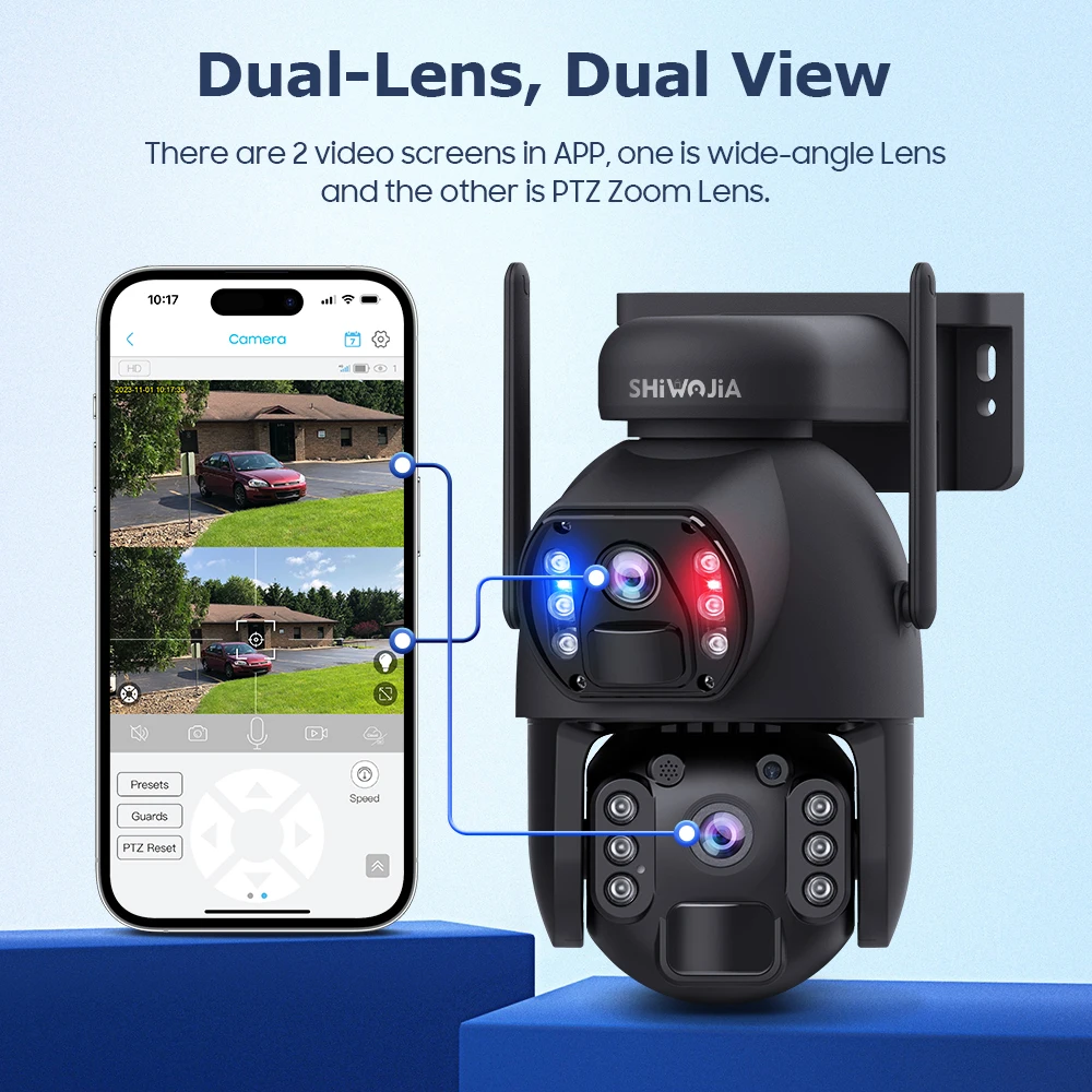 SHIWOJIA 9MP 15X Zoom All Metal 4G WiFi Solar PTZ Camera 3 Lens Dual-View Auto Tracking Color Night Vision Outdoor Security Came