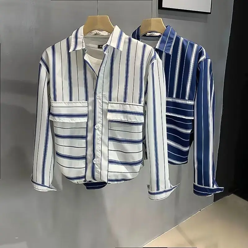 

Новинка весна-осень 2023 Модная рубашка высокого класса в гонконгском стиле в полоску с длинным рукавом Свободная облегающая модная мужская рубашка