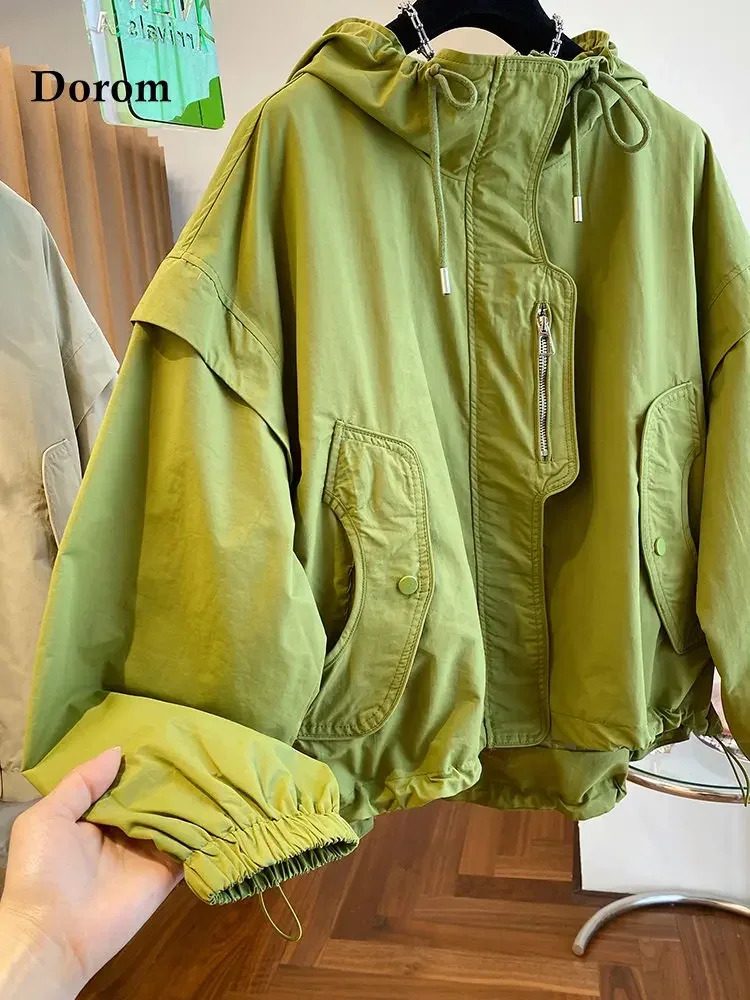 Korean Vintage Green Cargo Hooded Jacket Women Y2k Streetwear Autumn Lace-up Zipper Oversized Windbreaker Coat Female Loose Tops