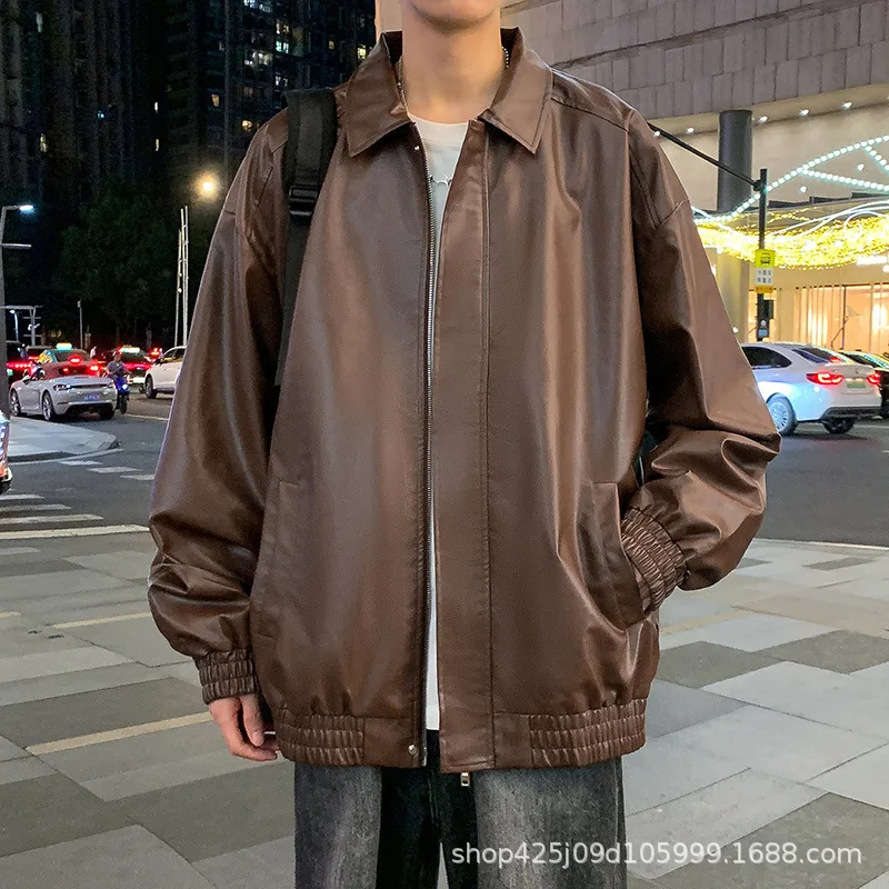 

2025 Autumn Men's Retro Vibe Leather Jacket Loose Casual Lapel Style Cool Outerwear Coat