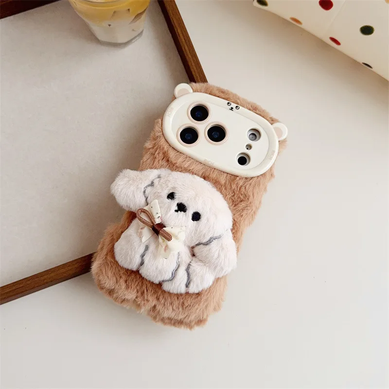 Etui na telefon iPhone 17 Air 16 15 14 13 12 11 Pro Max z pluszową kokardką 3D, ciepłe, puszyste, z smyczą, odporne na wstrząsy.