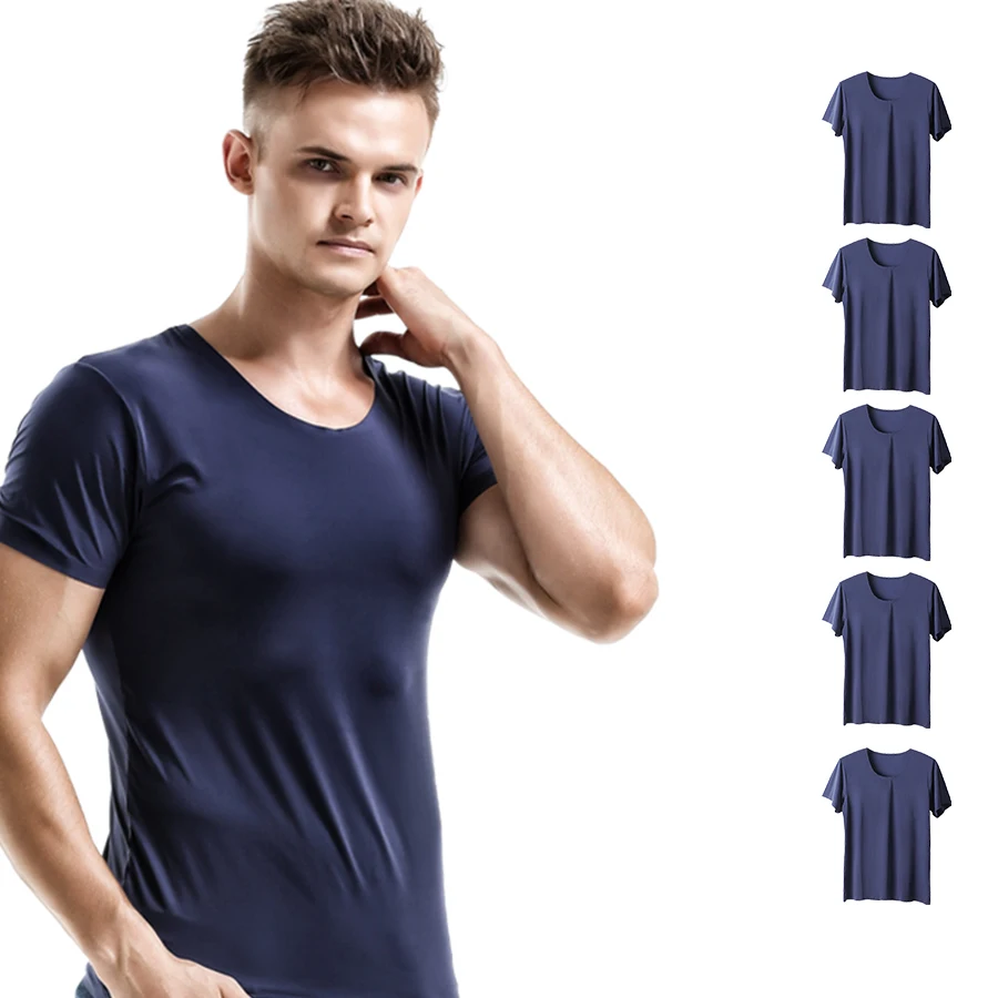 

5PCSSummer Ice Silk seamless men's short-sleeved white T-shirt with round neck, half-sleeved top, thin base layer, slim underwea