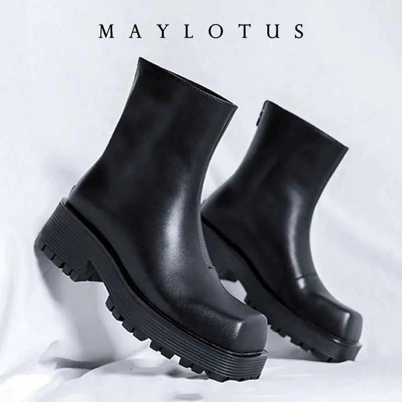 

2025 Square Toe Thick Sole Chelsea Boots Genuine Leather Women/men 2025 New Style Black Slip On Platform Fashion Mid-Calf Boots
