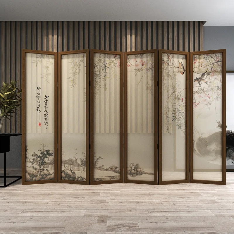 Neoclassical screen partition, Chinese living room, mobile home folding, occlusion, tea room decoration, office flower and bird