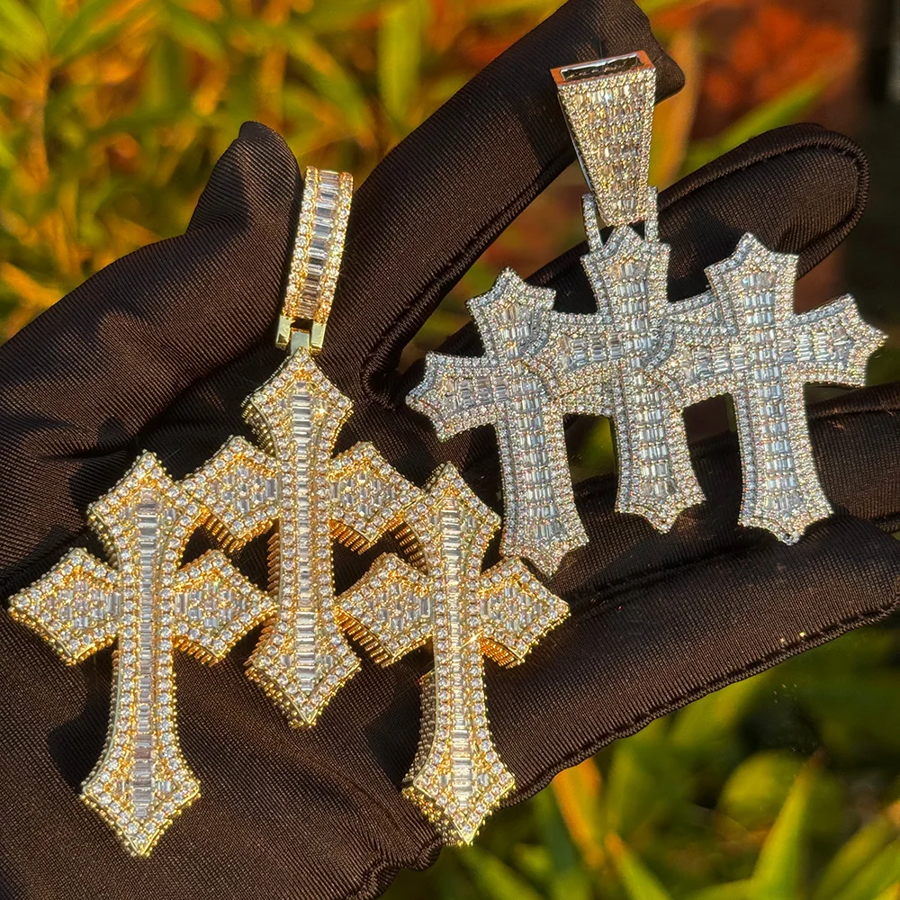 

ESKEEM Iced Out Crystal Three Cross Pendant Necklace Big Size Shiny Baguette Diamond Charm Cross Pendant Hip Hop Jewelry