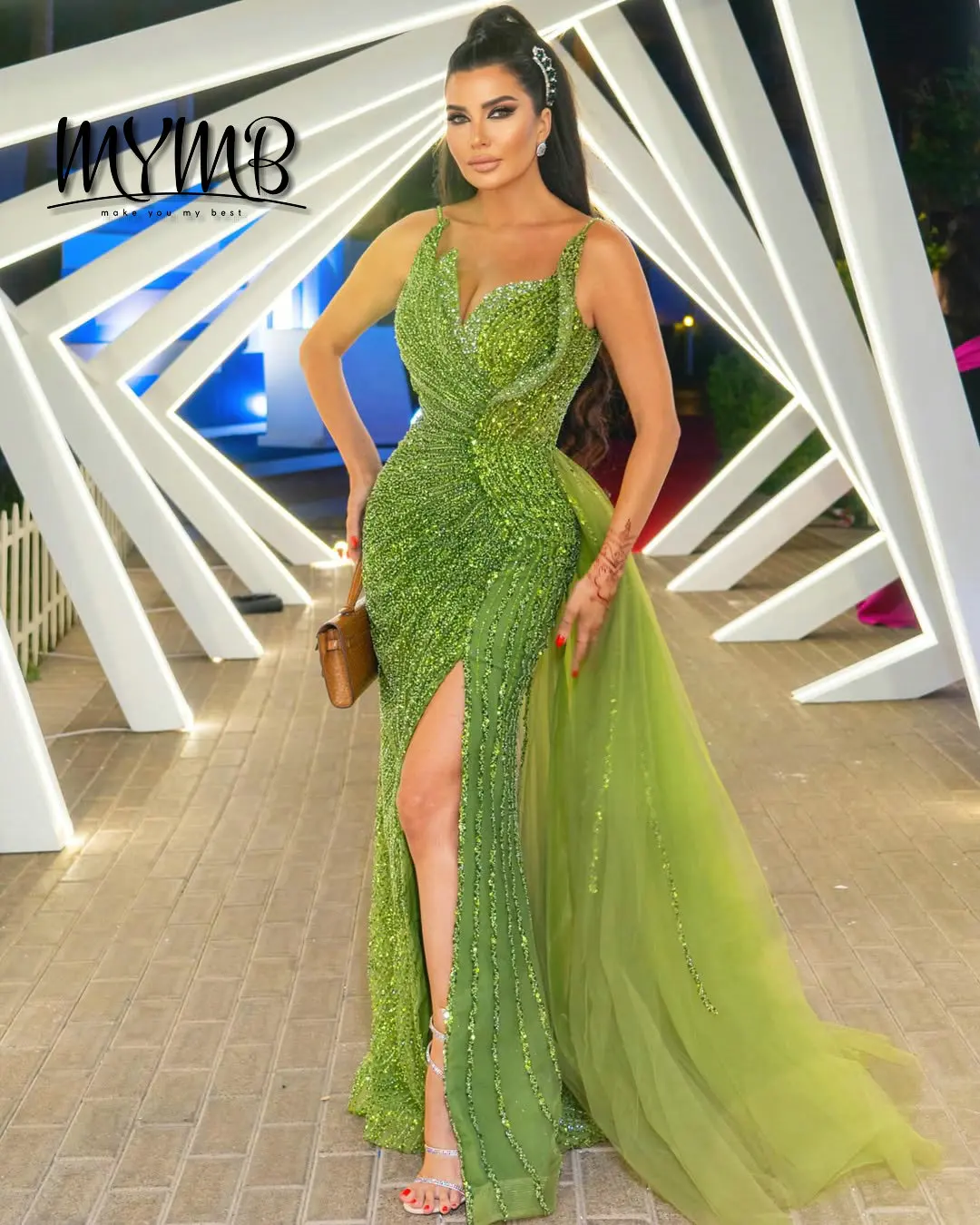 

MYMB Элегантное вечернее платье с кристаллами и бисером, платья подружки невесты зеленого цвета с разрезом Hjgh, дизайнерские вечерние платья для женщин, платье MB40307