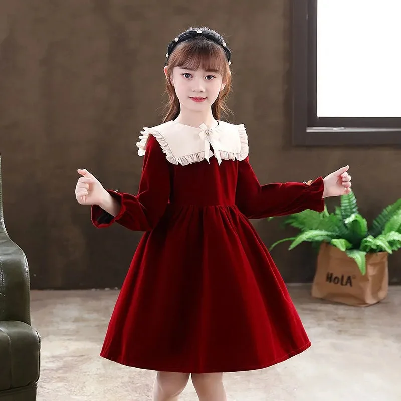 European Winter Autumn Girls Clothes Retro Teens Sailor Lace Collar Uniform Child Princess long Dress 5 6 7 8 9 10 12 14Year