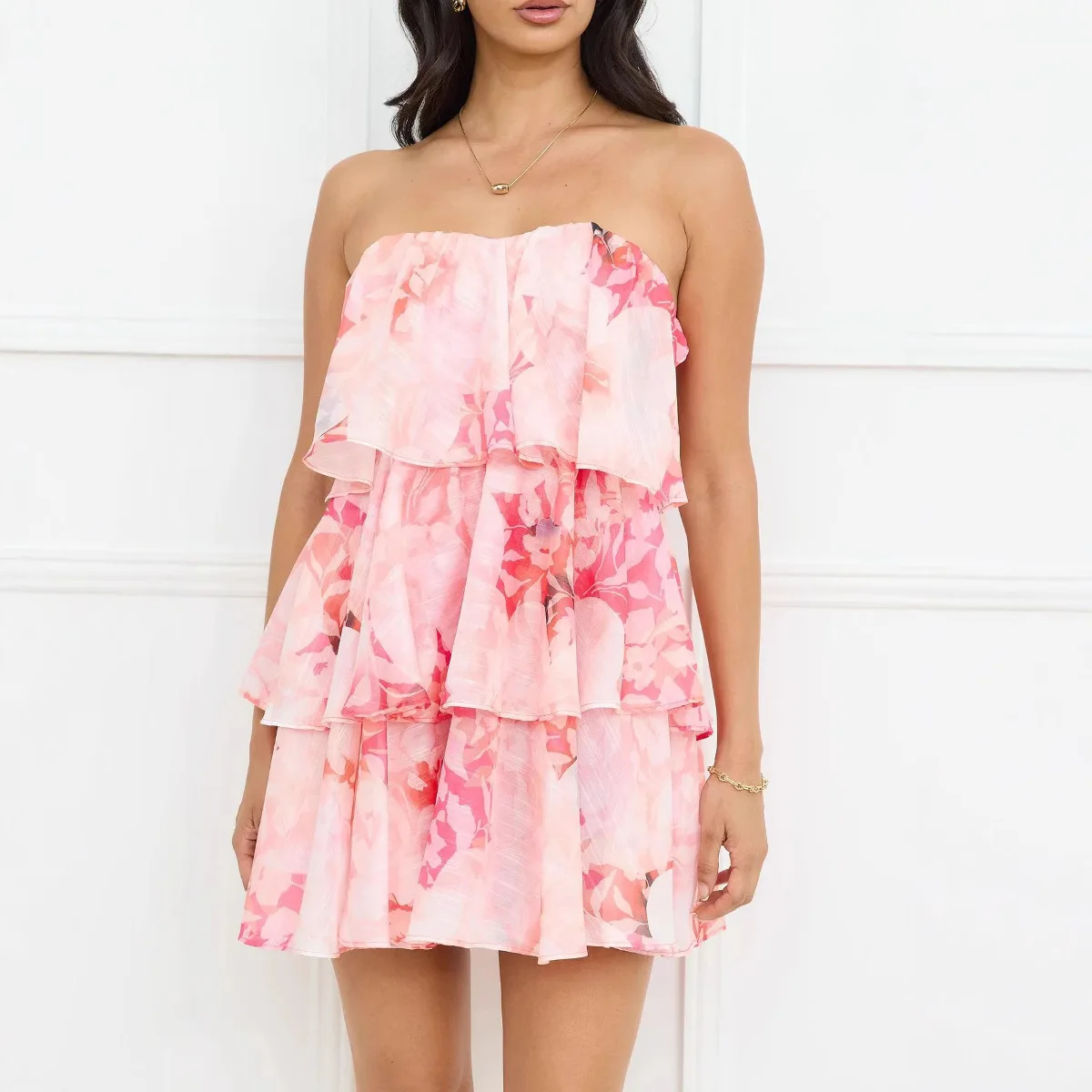 2025 vestido de tubo em camadas de chiffon elegante estilo férias de verão 68515