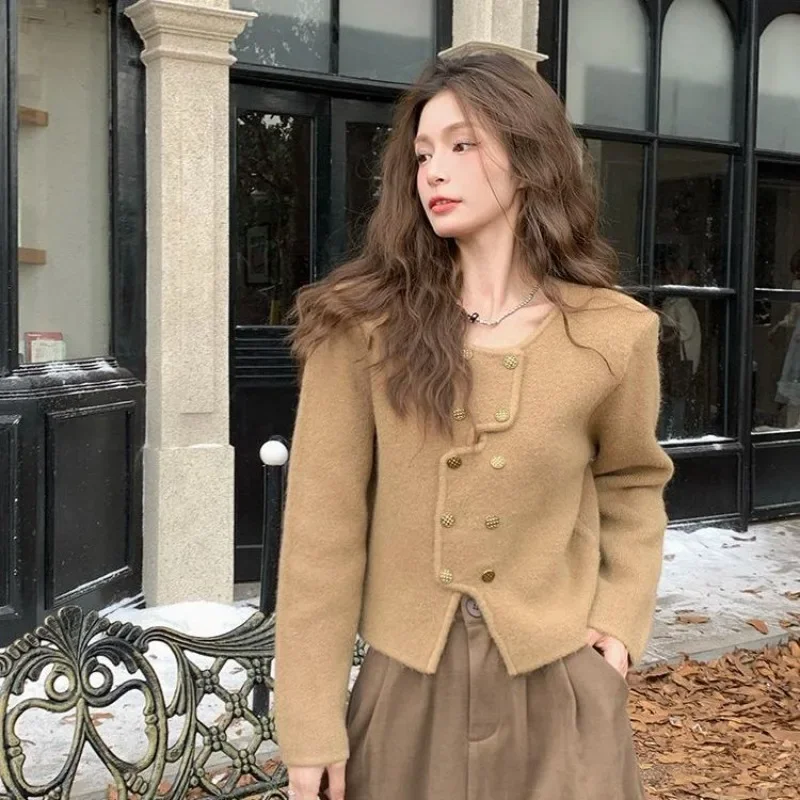 French Style Irregular Knitted Cardigan Women 2025 Spring Autumn Fashion New Double Breasted Chic Elegant Long Sleeve Outerwear