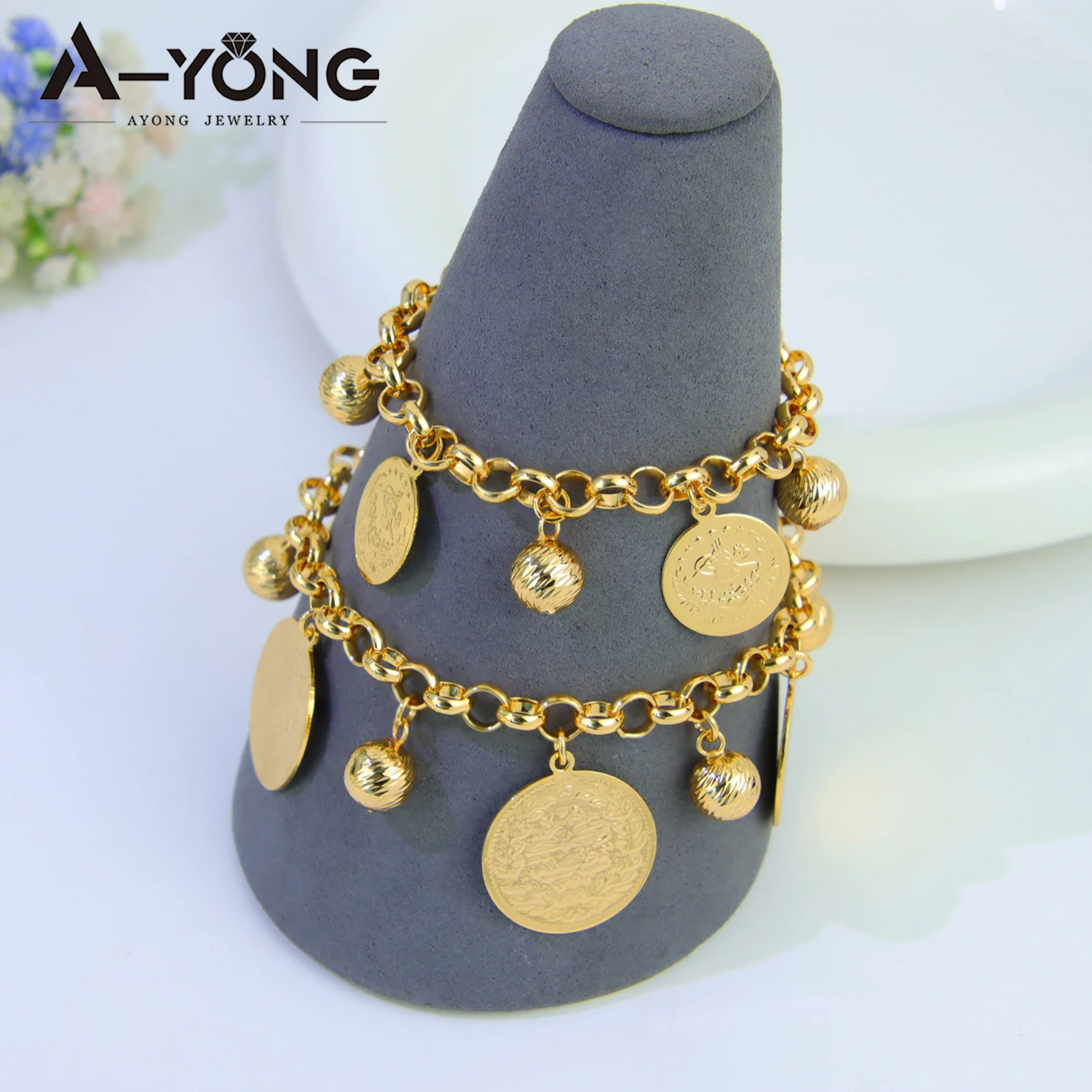 Saudi Muslim Gold Color Coins Bracelet 21k Gold Plated Elegant Balls Bangles Nigeria Brazilian Women Wedding Party Jewelry