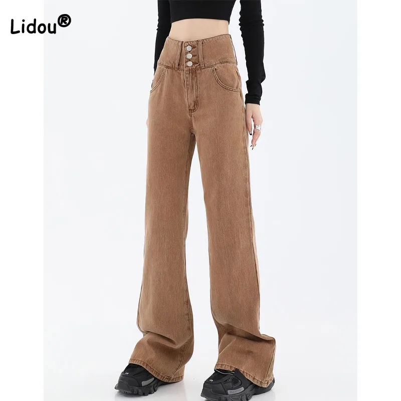 

Streetwear Vintage Button High Waist Denim Trousers for Female Summer Casual Solid Slim Flare Pants Fashion Women's Clothing