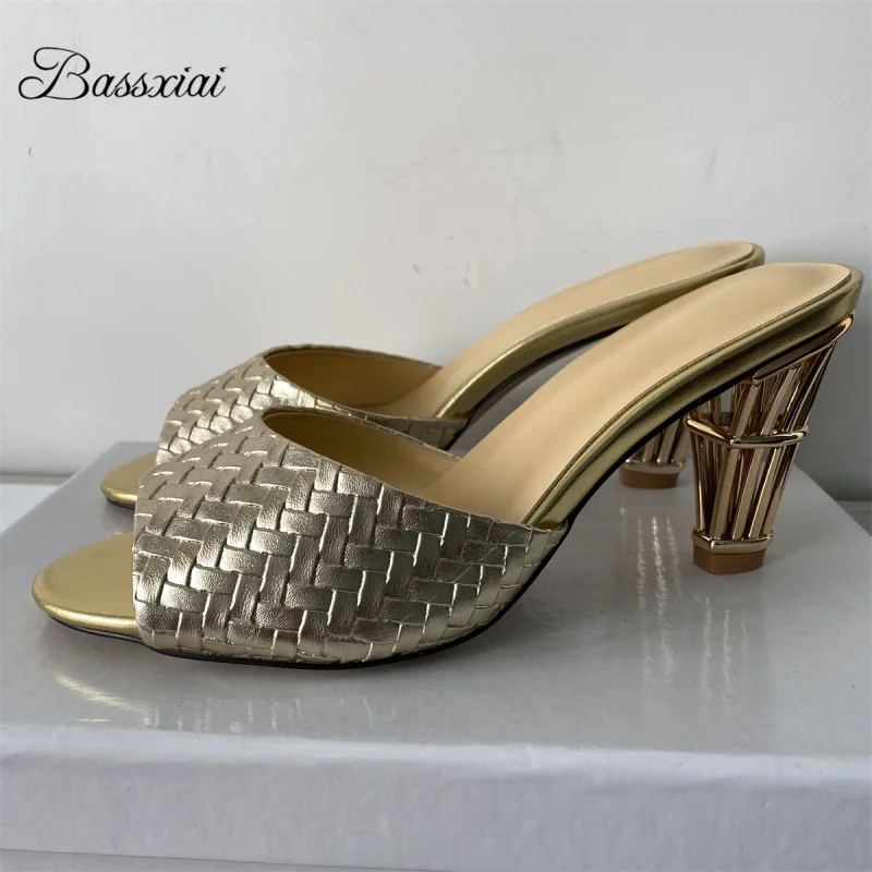 

Unique Knitted Braided Sandals Women Individual Metal Fretwork Strange Heel Slingbacks Slim Summer Shoes