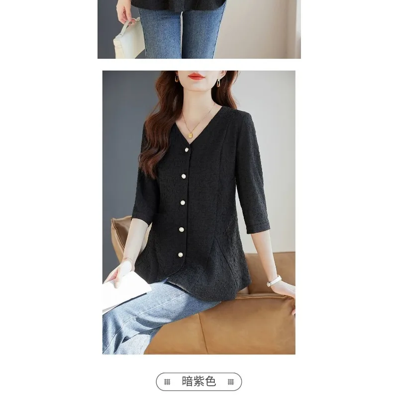 Nuevo Top de encaje de manga tres cuartos, Top adelgazante holgado y elegante a la moda de talla grande para mujer