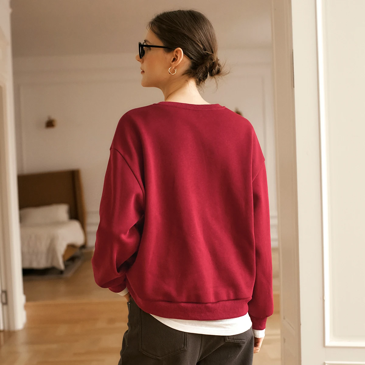 OLrain Red Cotton Sweatshirts Women 2025 Autumn Vintage Thick O-neck Printing Drop Sleeve Casual Lazy Ladies Pullover O56DR95226