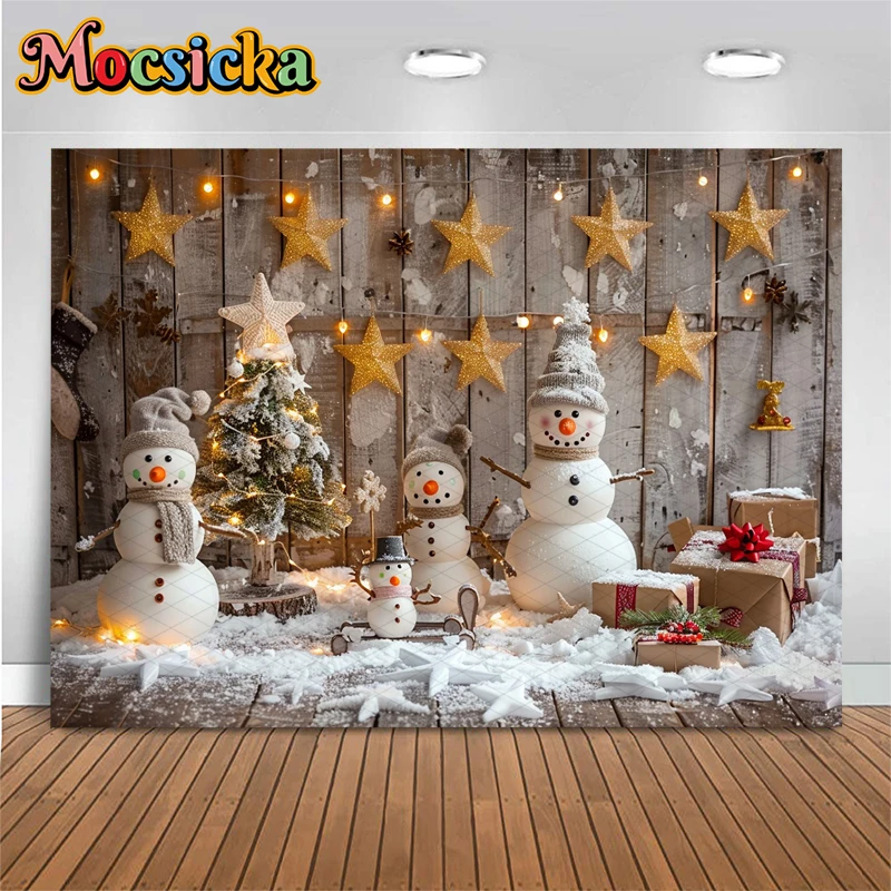 Mocsicka Christmas Snowman Backdrop Golden Pentagram Gifts Baby Xmas Tree Wood Wall Background Photography Shooting Decor Studio