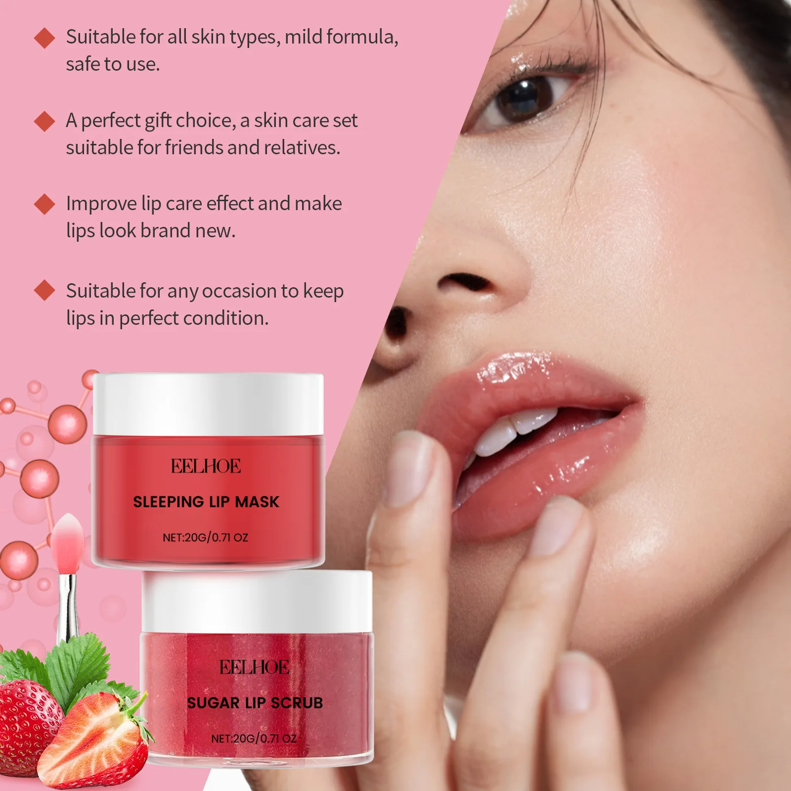 รสสตรอเบอร์รี่ Lip Care Kit ผลไม้ Scrub Lip Mask ชุดสองชิ้น Moisturizing Lip Care ช่วยขจัด Dead Skin Smooth Delicate Lips