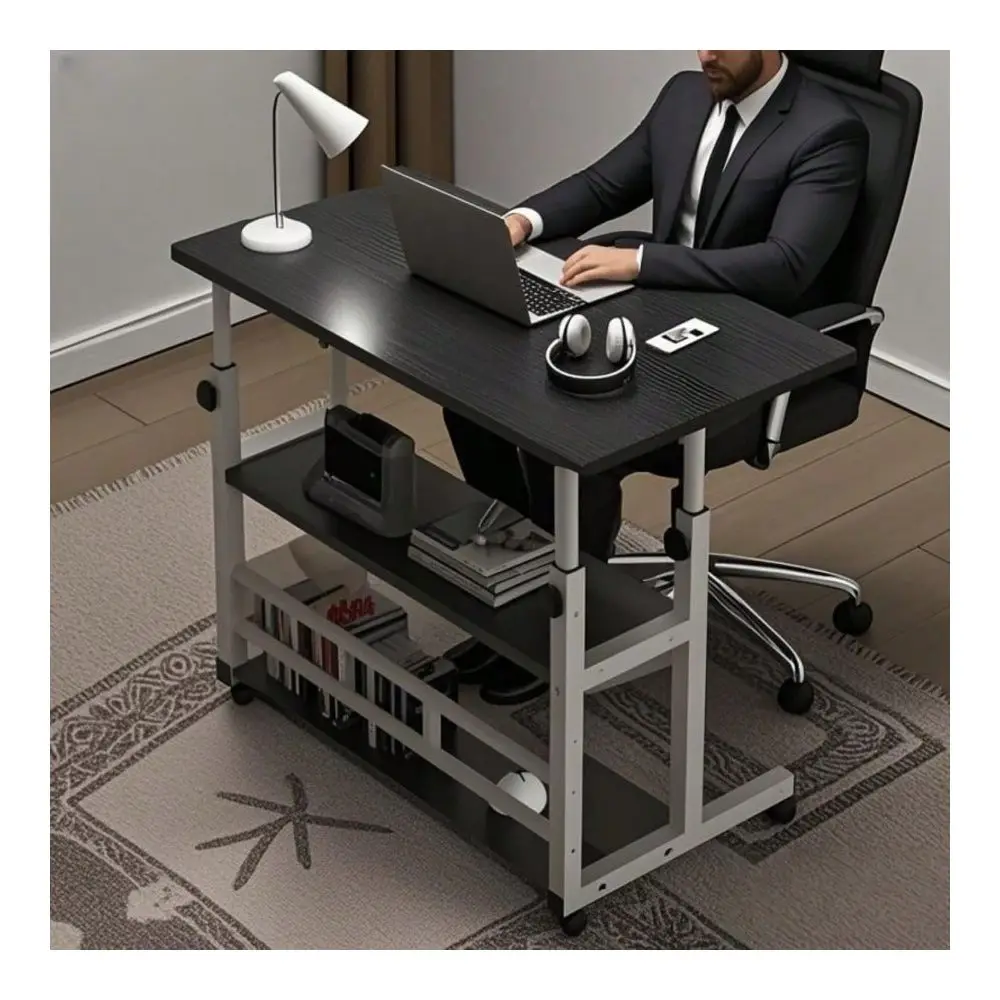 

Multifunctional Desk On Wheels HeightAdjustable Rolling Desk With Storage Shelves, SpaceSaving Wood And Metal Frame, Compact Fi