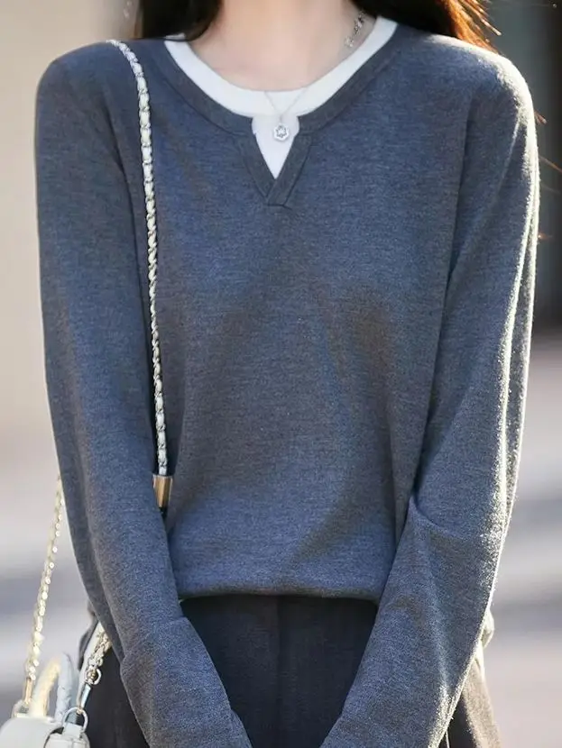 French contrast fake two-piece sweater women's new worsted thin color matching long sleeve cashmere sweater