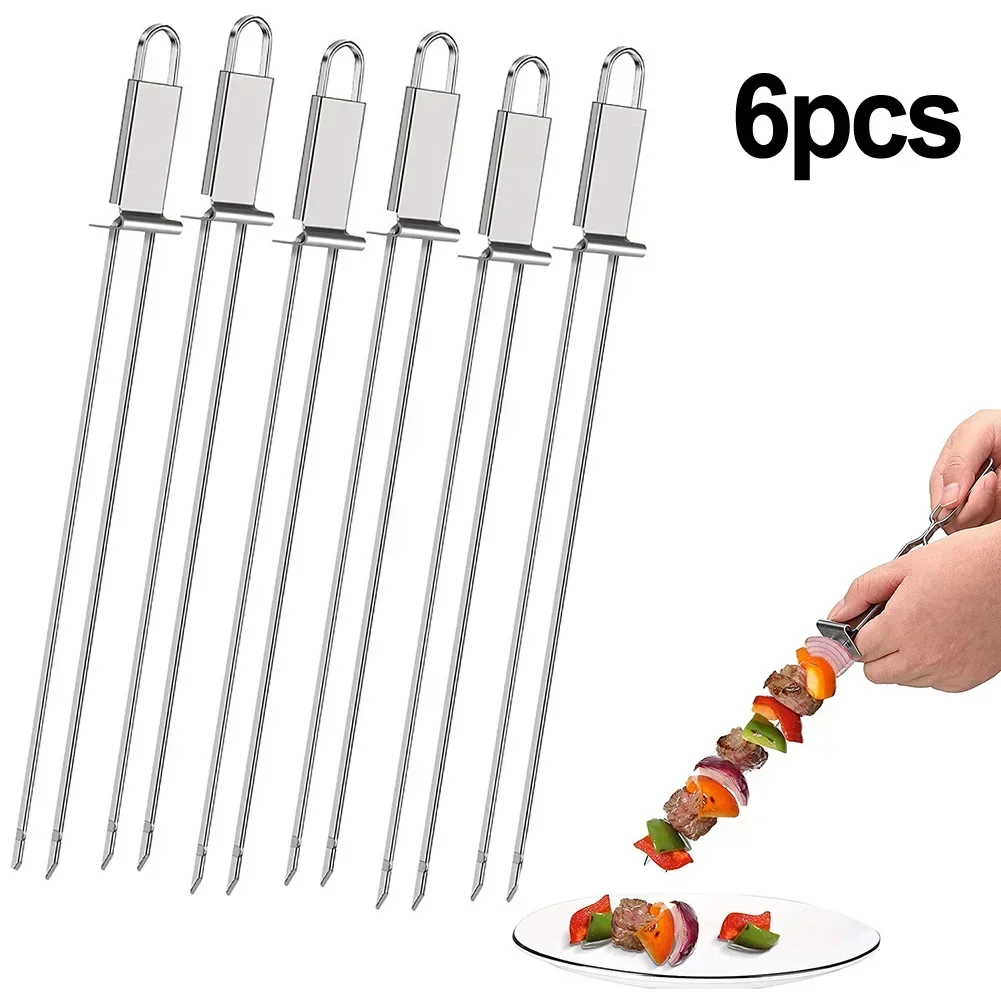 6 Pcs Stainless Steel BBQ Skewers BBQ Skewers Push Bar 32.5cm Long Double Pronged For Charcoal Electric Grills Barbecue Tools