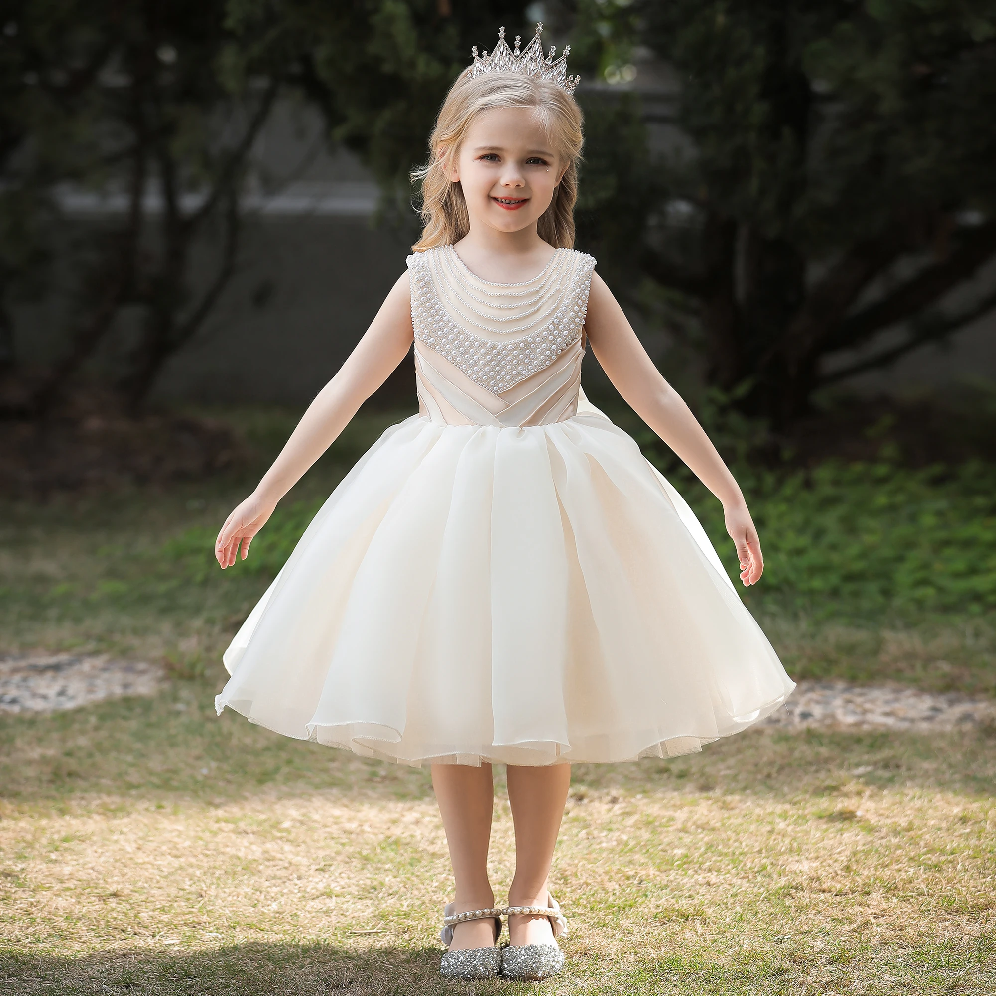 Kids Party White Bridesmaid Dress Fo Girl Children Costume Organza Princess Dresses Vestido Girls Clothes Wedding Beads Gown