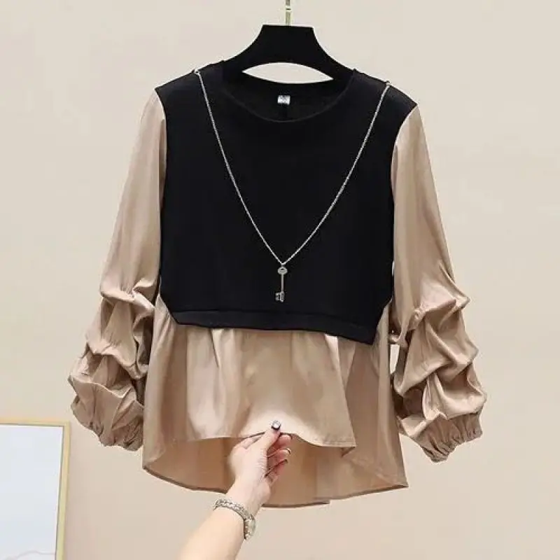 New Autumn Fashion Patchwork Shirt Color Contrast Long Sleeved Temperament Casual Round Neck Women\'s Fake Two-piece Top