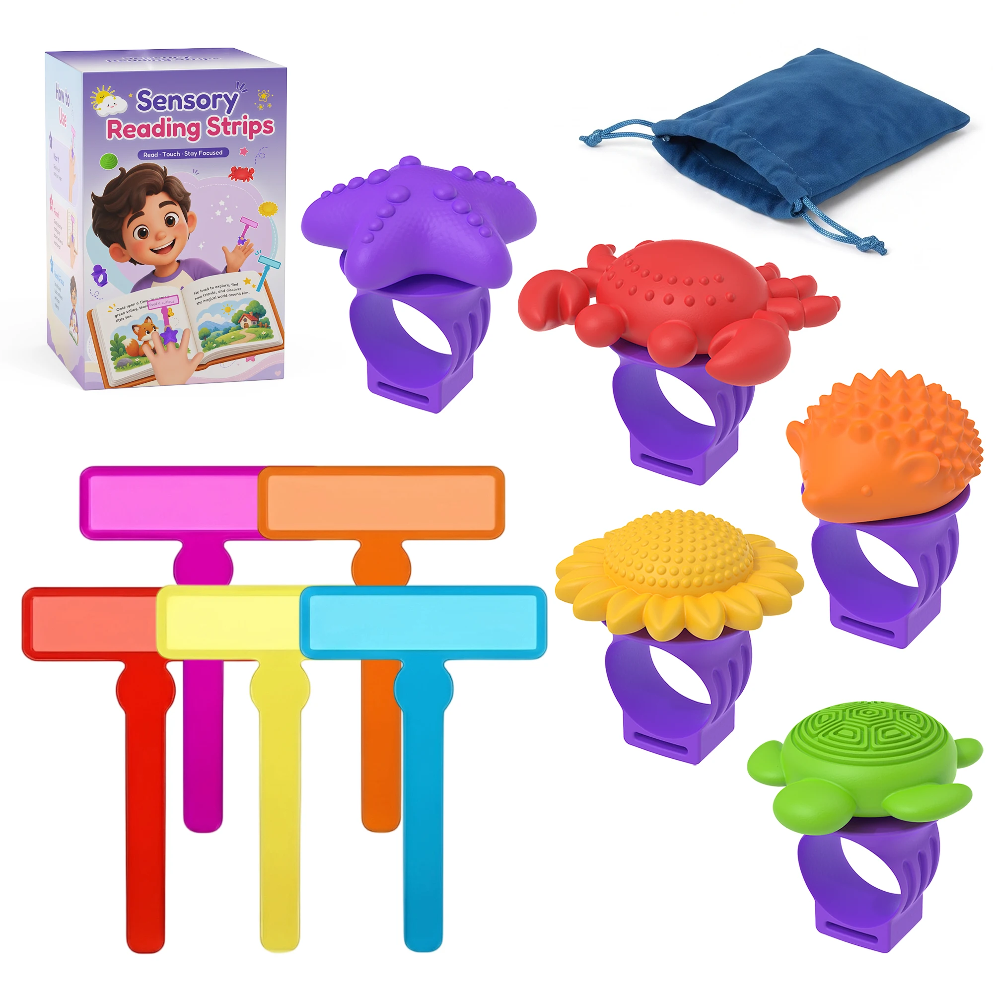 Creative Reading Tracker Finger Guided Reading Strip Ring Reading Guide Focus Bookmark with Cute Animal Geometry