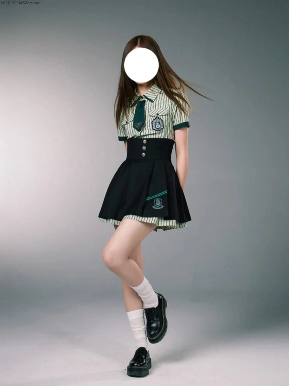 High Waist Pleated Skirt Two-piece Set Women American Preppy Style Green Striped Po lo Neck Short Sleeve Single-breasted Dress
