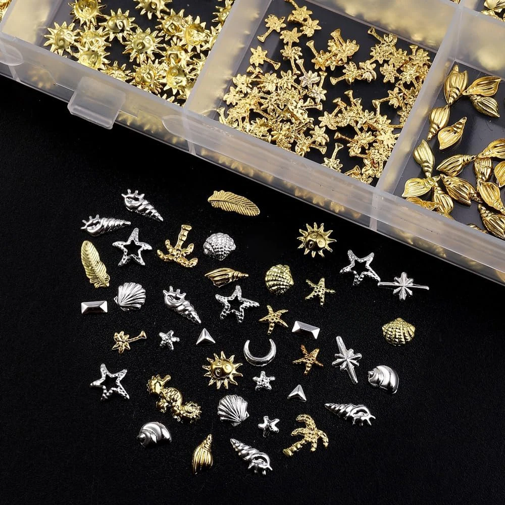 24-Fächer-Box Gold-Silber-Legierung Metall-Strass-Dekoration 3D Mond-Stern-Nagel-Edelsteine Ozean-Strand-Seestern-Muschel-Blatt Nagelkunst DIY