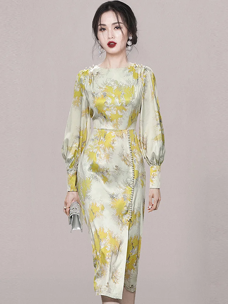 

Элегантное женское платье, весеннее модное платье с принтом, длинными рукавами-фонариками, высокой талией, украшенное бусинами, темпераментные женские платья