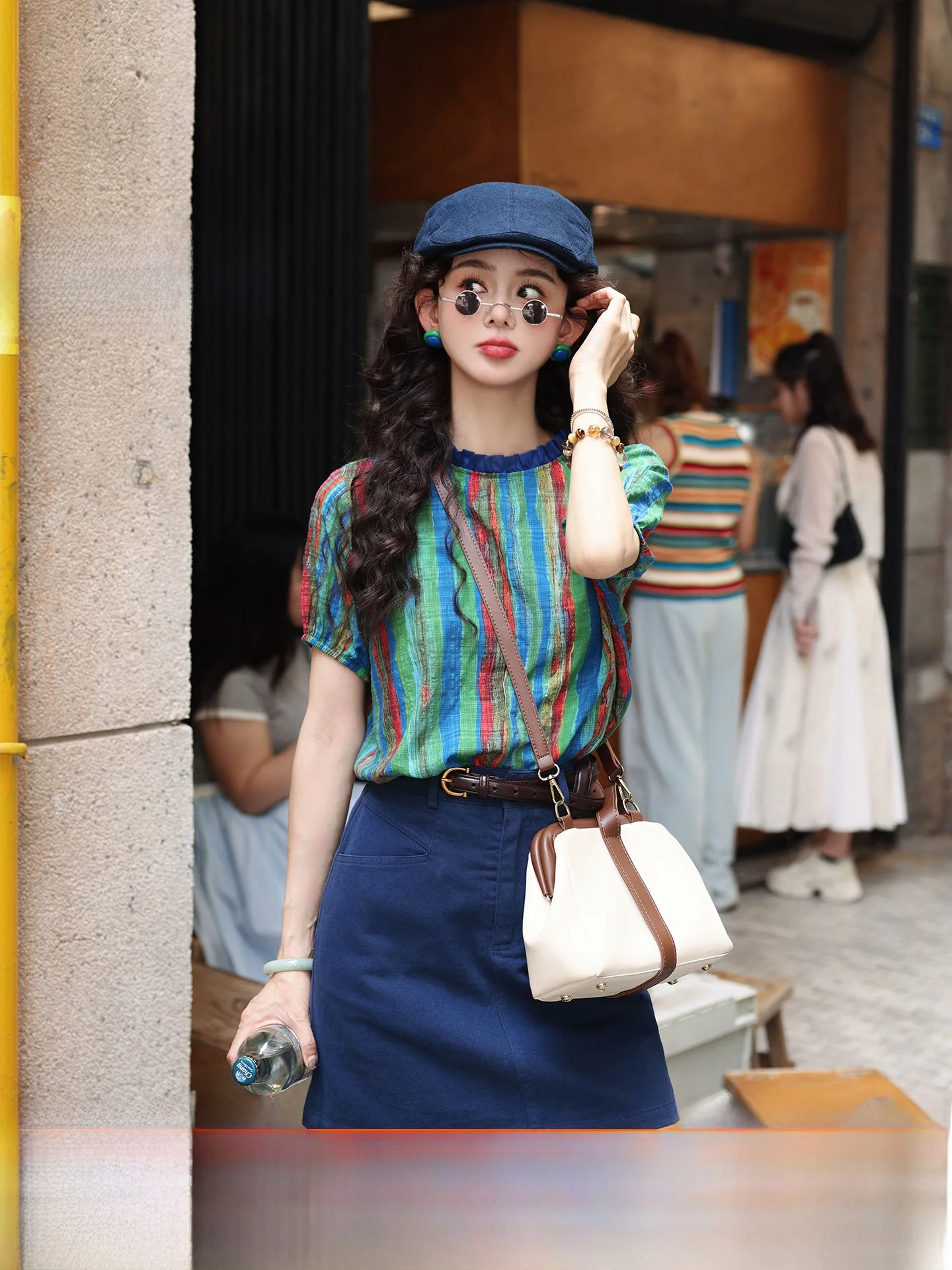 

Новая женская летняя футболка Chen Jieli 2025: свободная, тонкая, с коротким рукавом, круглым вырезом, в полоску, повседневная, легкая, из смесового хлопка