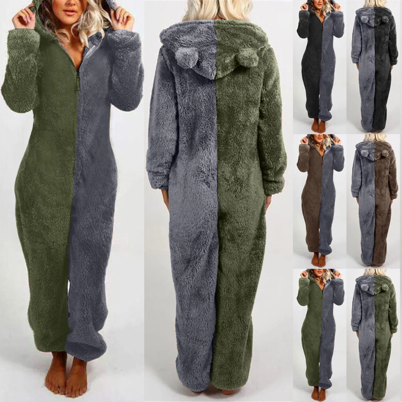 Winter Warm Sleepwear Home Clothes Cute Cat Ear Onesies Pyjamas Fluffy Fleece Hooded Jumpsuit Playsuit Pajama For Women Overalls