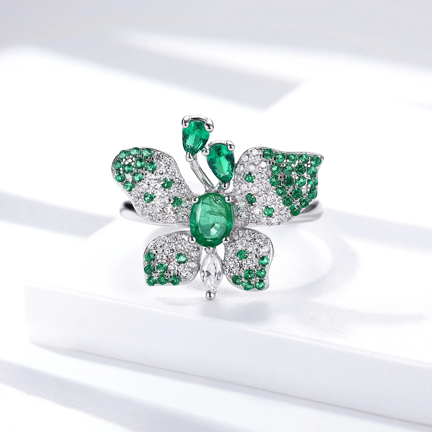

YBO Fashion Butterfly Rings Open Size Natural Emerald Gemstone Finger Ring 925 Sterling Silver Fine Jewelry Trendy Women Jewels