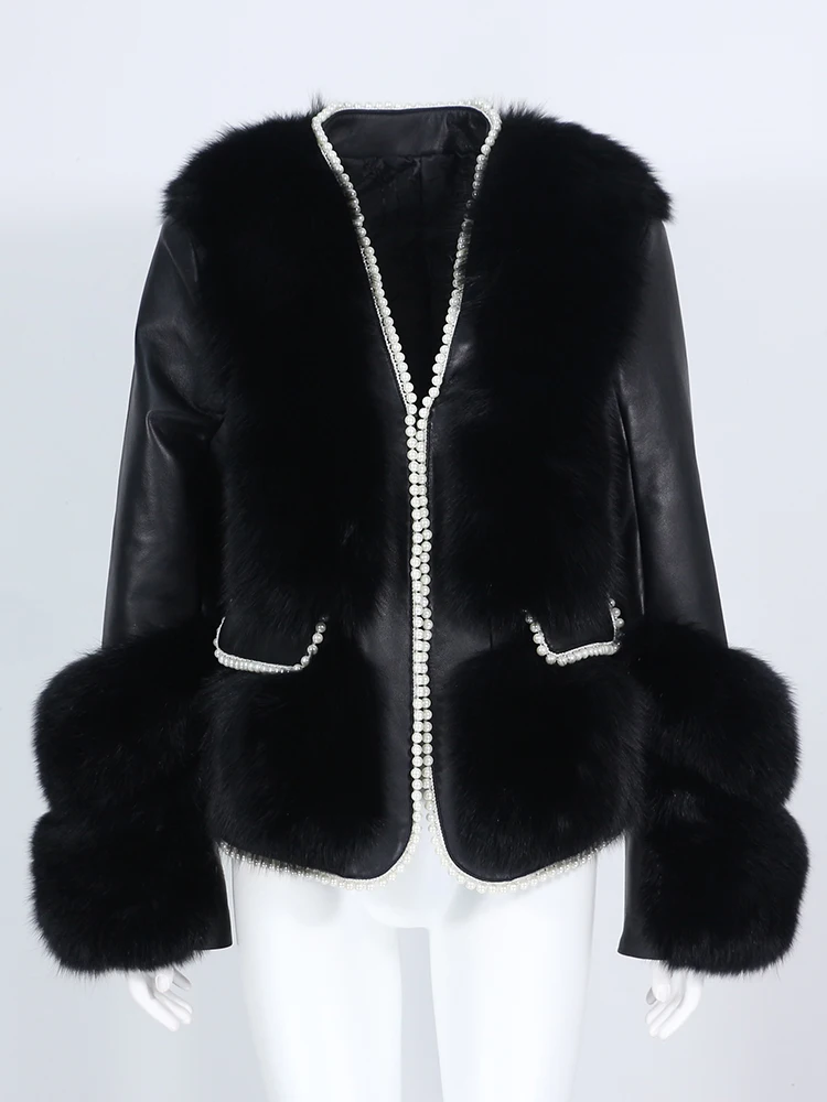 MENINA BONITA 2022 Real Fur Coat Winter Jacket Women Natural Fox Fur Genuine Leather Pearl Outerwear Streetwear New Locomotive