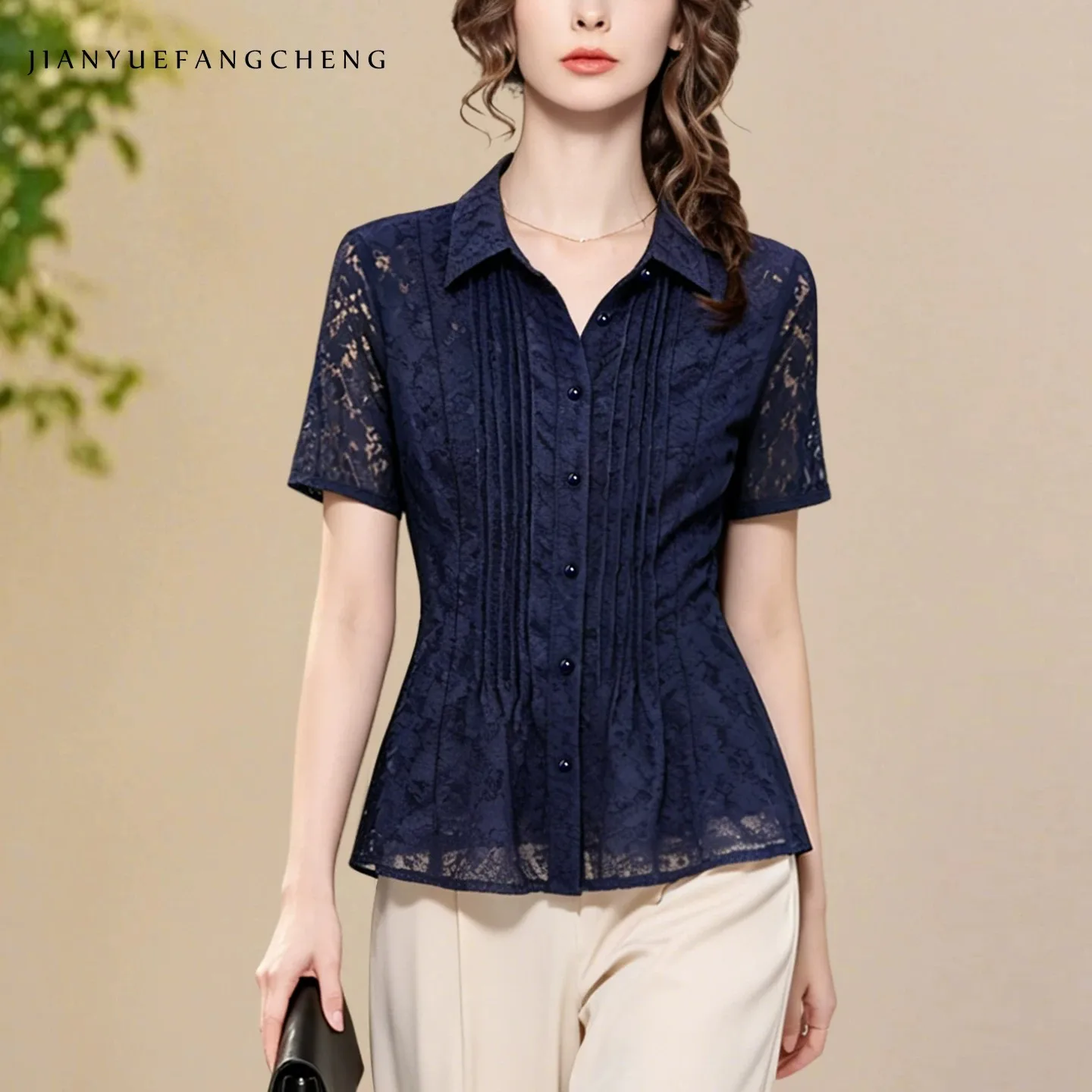 

2026 Summer Women Short Sleeve Slim Fit Blue Lace Shirt Hook Flower Hollow Design Turn-down Collar Button-down Tops Blouses
